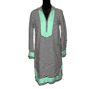 Sail to Sable STS Long Sleeve Linen Resort Tunic Shift Dress Teal Blue Striped S